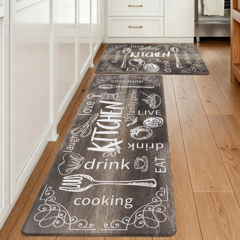 Anti-Fatigue Non-Skid Waterproof Kitchen Mat (Set of 2), Runner 18" x 30" + 18" x 48", Brown/Wood