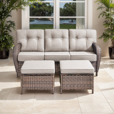 Agnes All-Weather Wicker Sofa Set With T-Back Cushions And Ottomans by Lark Manor