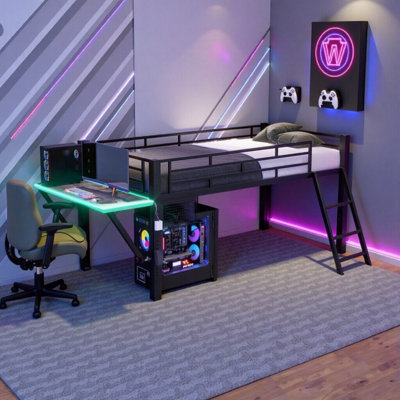 Gaming Loft Bed With Desk And Led Lighting, Twin/Full Size, Space-Saving Design