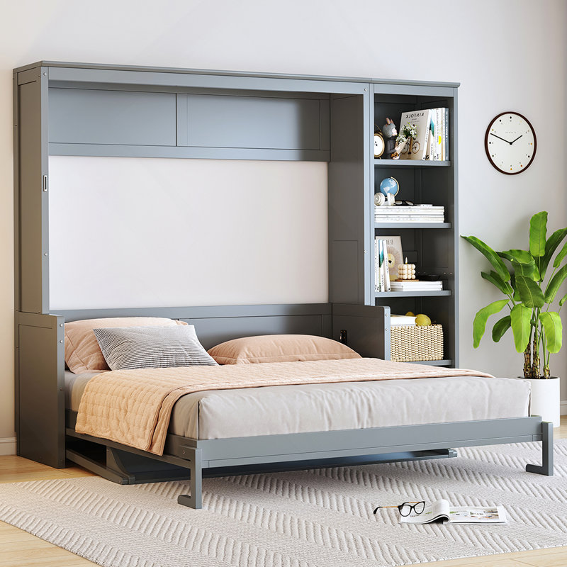 Structure de lit, lit escamotable avec bureau et bibliothèque, gris, Grand