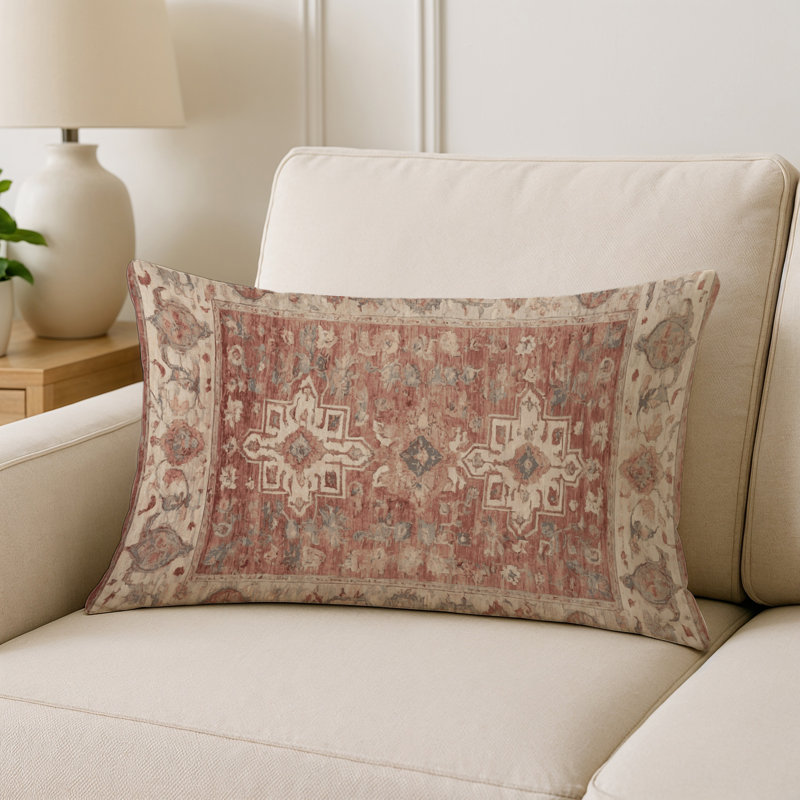 Coussin décoratif intérieur et extérieur Modern, Beige / rouille / bleu damassé 1, Rectangle H 25 po x l 18 po