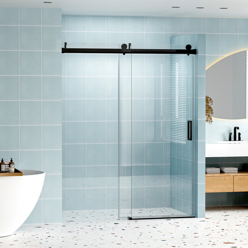 Porte de H 76 po, l 60 po, verre trempé de 1/4 po, noir mat, conception élégante, douche de 55 à 60 po x 76 po, fabrication