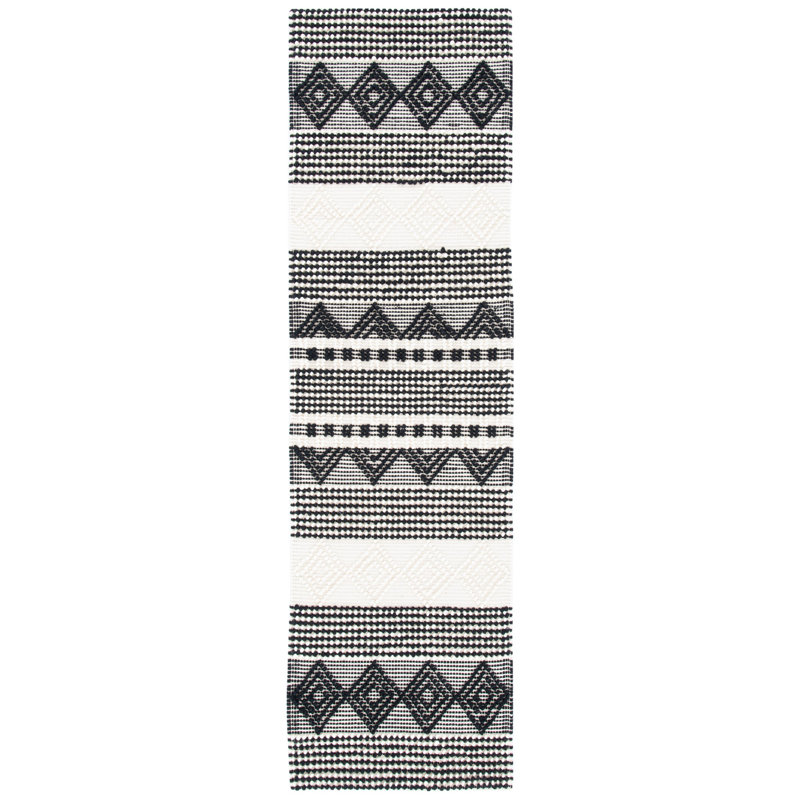 Stimpson Striped Handmade Flatweave Wool/Cotton Ivory/Black Area Rug, Runner 2'3" x 16'