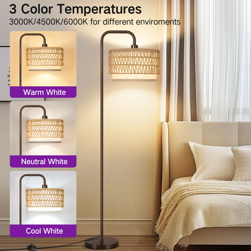 68" Arched/arc Rattan Floor Lamp With Bulb And Remote Control, Brown