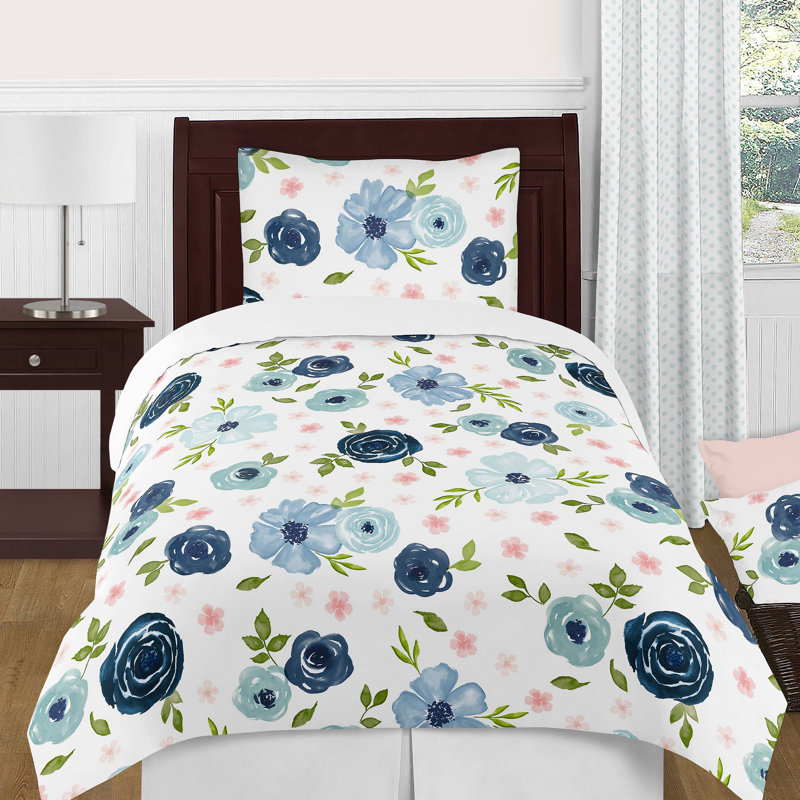 Twin Blue and Pink Microfiber Floral Comforter Set