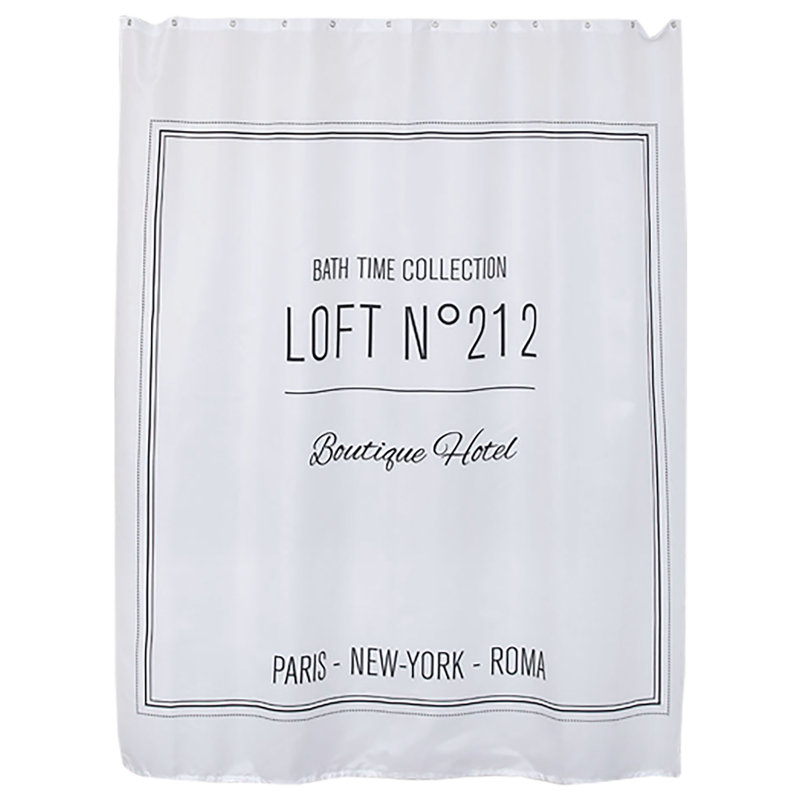 Extra Long White Polyester Shower Curtain with Black Writing Design
