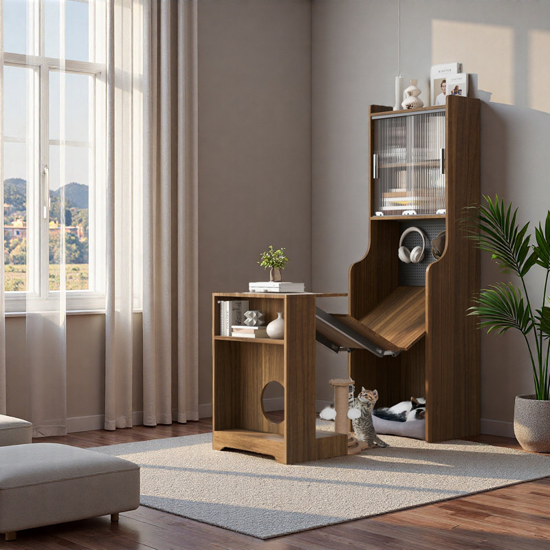 Bureau moderne pliable en bois avec huche et rangement, bureau de jeu pour animaux de compagnie à domicile avec tablettes, poste de travail peu encombrant avec lit pour chat gratuit et poteau à griffes