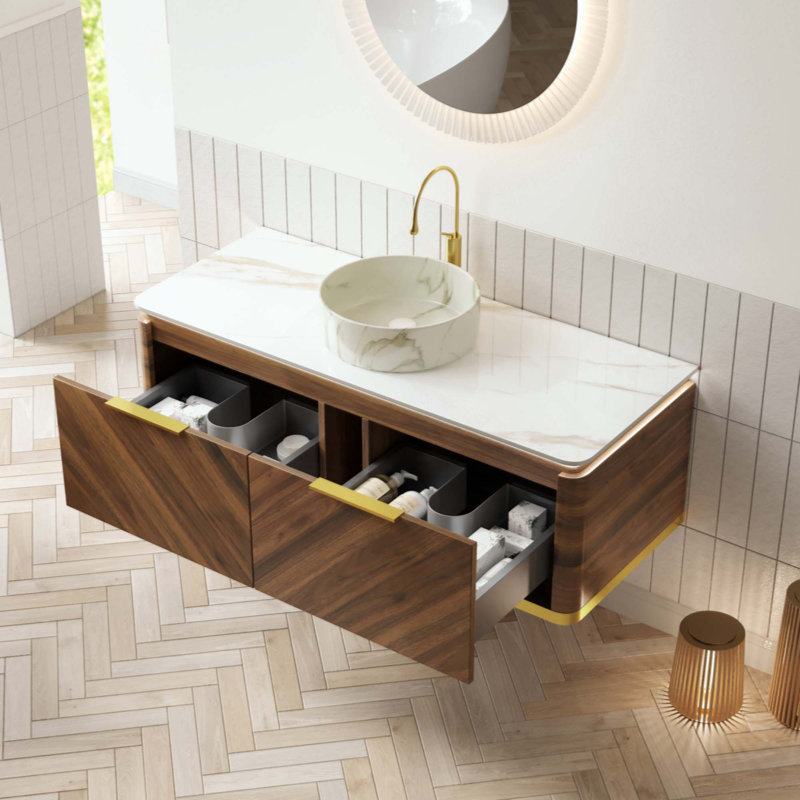 Meuble-lavabo de salle de bain, meuble de rangement flottant en contreplaqué, tiroirs avec poignée et capteur de lumière, vasque en céramique à motif de pierre et plateau en pierre frittée, pré-assemblé