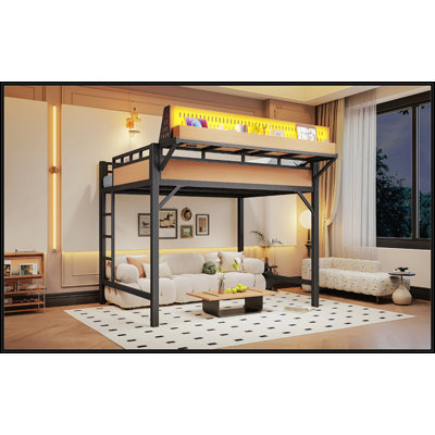 Structure de lit mezzanine simple en métal de taille XL avec rangement, ports USB et lumières DEL pour petits espaces, conception sécuritaire et robuste