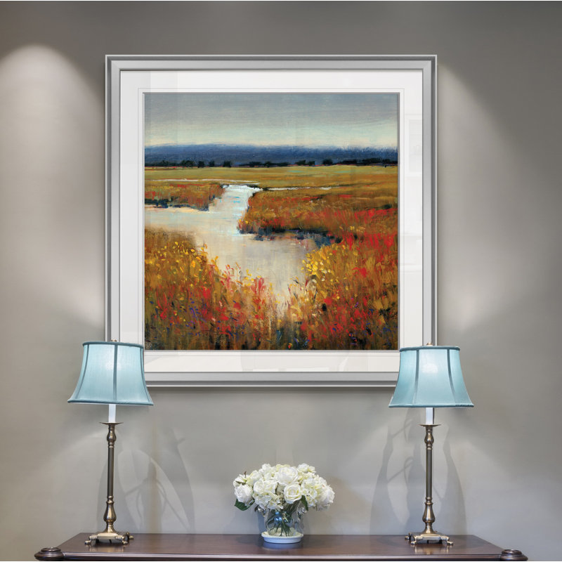 « marshaling land i », peinture, H 28 po x l 28 po x P 1,5 po, Encadrement argenté