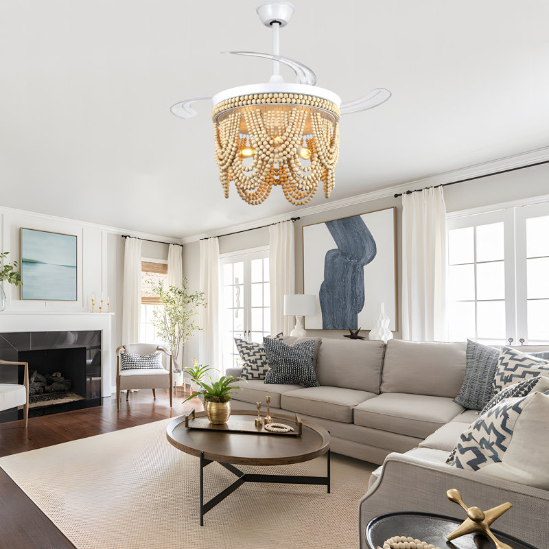  Ventilateur de plafond 42 po rétractable blanc avec ensemble d'éclairage et moteur à 6 vitesses à abat-jour en perles BoHo