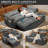 3-in-1 Convertible Modular Sofa Bed with USB Port & Side Storage, Grey Corduroy Multi-Functional Loveseat for Living Room-328045280