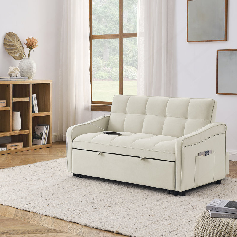 Collinward 53" W Murphy Sofa Bed Loveseat with Adjustable Tufted Back and USB Outlet, Beige Velvet, 31" H x 47" W x 36.5" D
