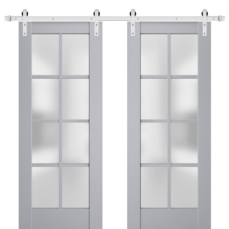 Porte de grange double robuste avec verre dépoli Veregio 7412 Gris mat, supports de rail de 4 m (13 pi), portes intérieures à panneaux pleins et lourds - 183 cm x 244 cm (72 po x 96 po) (2 x 91 cm x 244 cm) - Rail argenté
