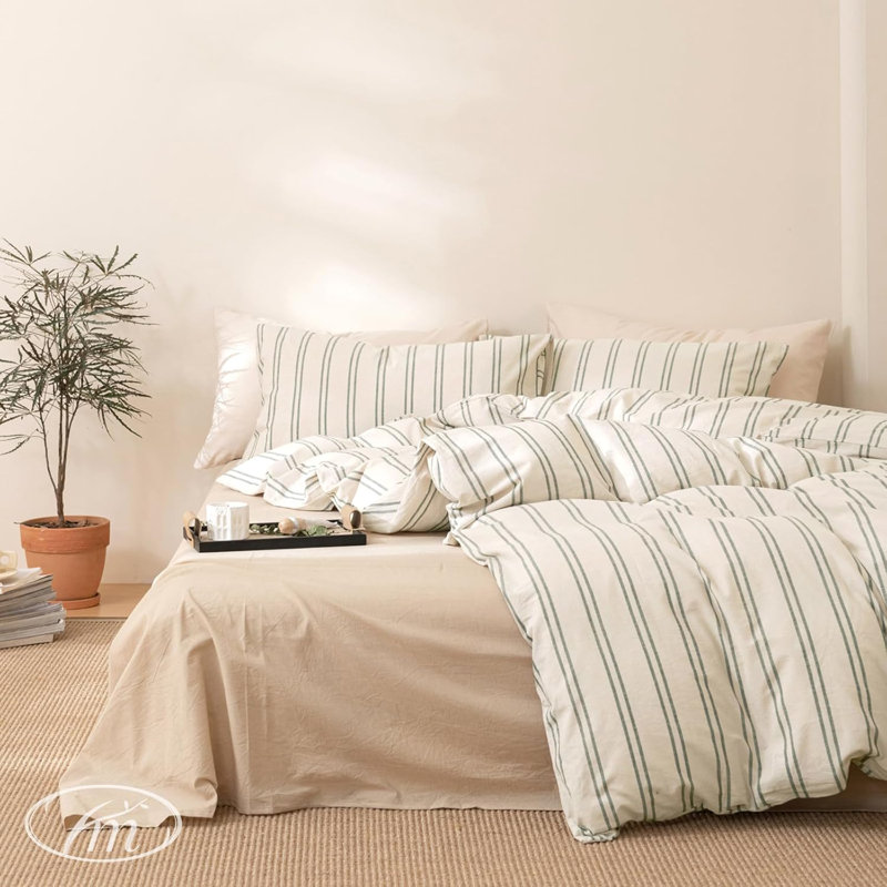 Ensemble de housse de couette à rayures 100% coton délavé, housse de couette beige à rayures grises avec fermeture à glissière et attaches d'angle (3 pièces)
