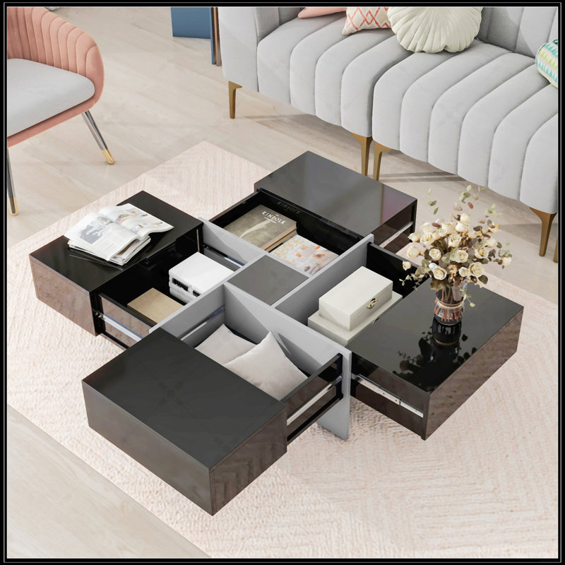 Table basse au design unique avec 4 compartiments de rangement cachés, Noir