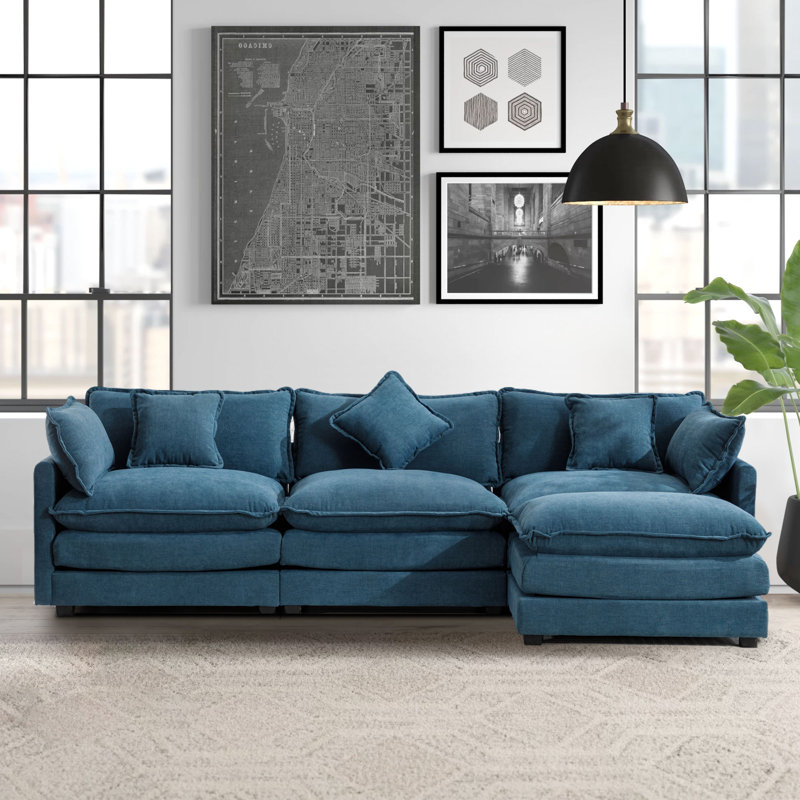 Miar Upholstered L-Shaped Sectional Reversible, Blue Chenille