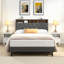 Grand lit plateforme tapissier, tête de lit capitonnée en lin, ports USB, poches latérales, sans sommier - gris clair-2021238108-2021238111