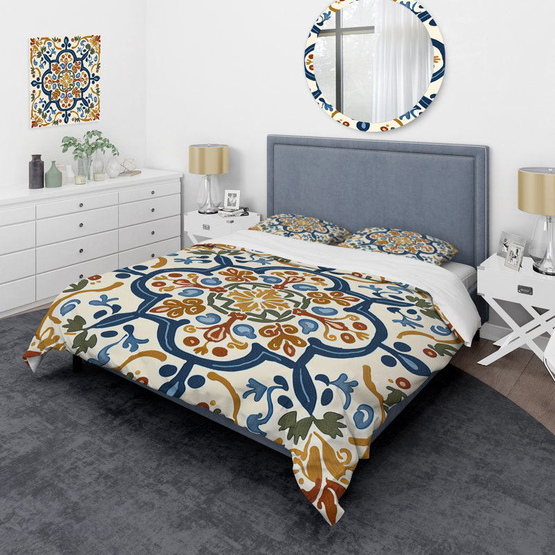 Ensemble de housse de couette à carreaux abstraits de style méditerranéen en bleu rétro IV - Polyester microfibre