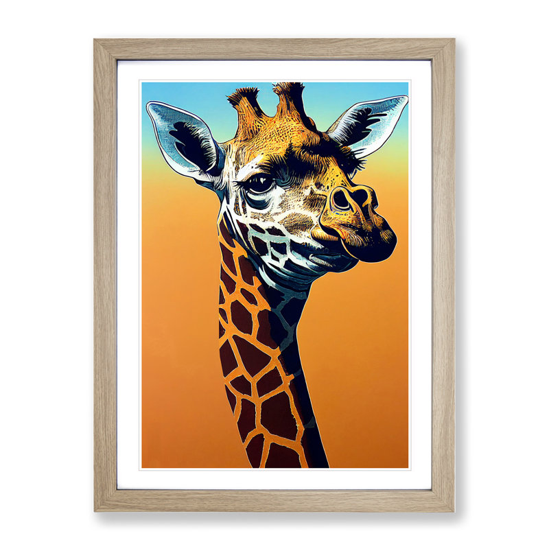 Funky Giraffe - Single Picture Frame Print, 46cm H x 34cm W x 2cm D, Oak