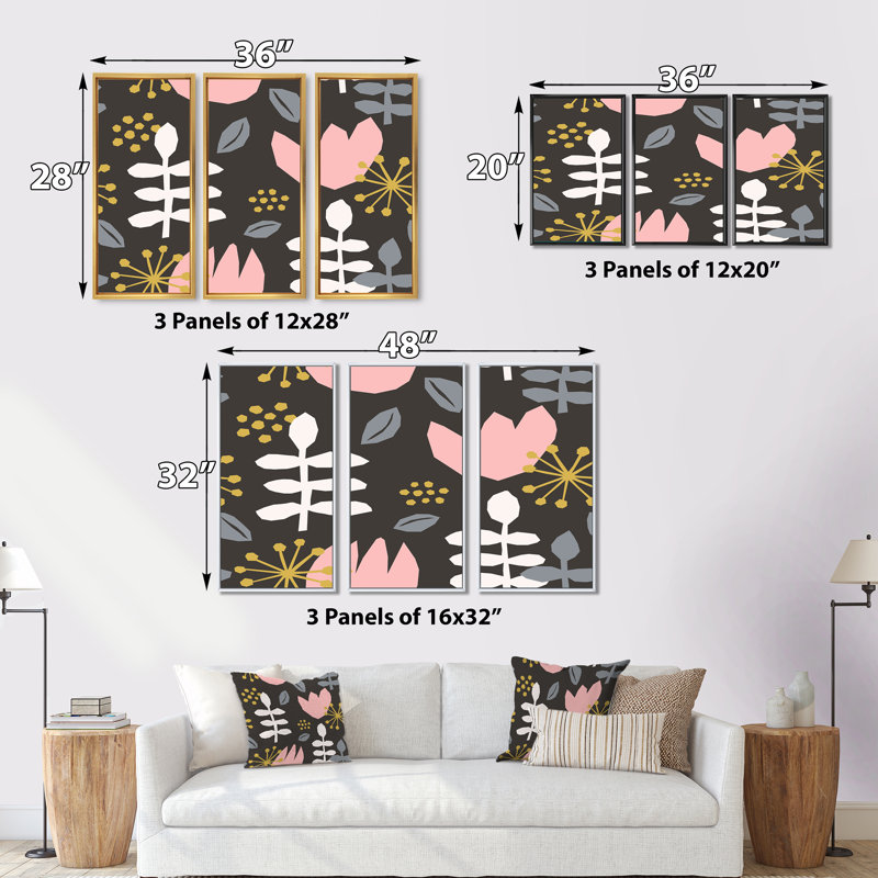 Fleurs roses rétro avec feuilles blanches - ensemble de 3 impressions sur toile flottante, Cadre noir