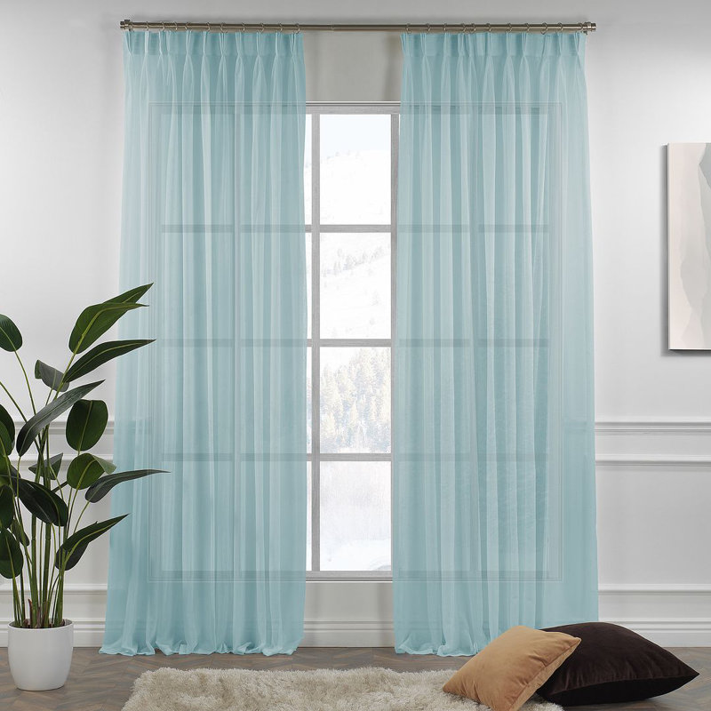Triple Pinch Pleated Extra Long and Extra Wide Faux Linen Sheer Single Panel, Aqua, 100" W x 244" L