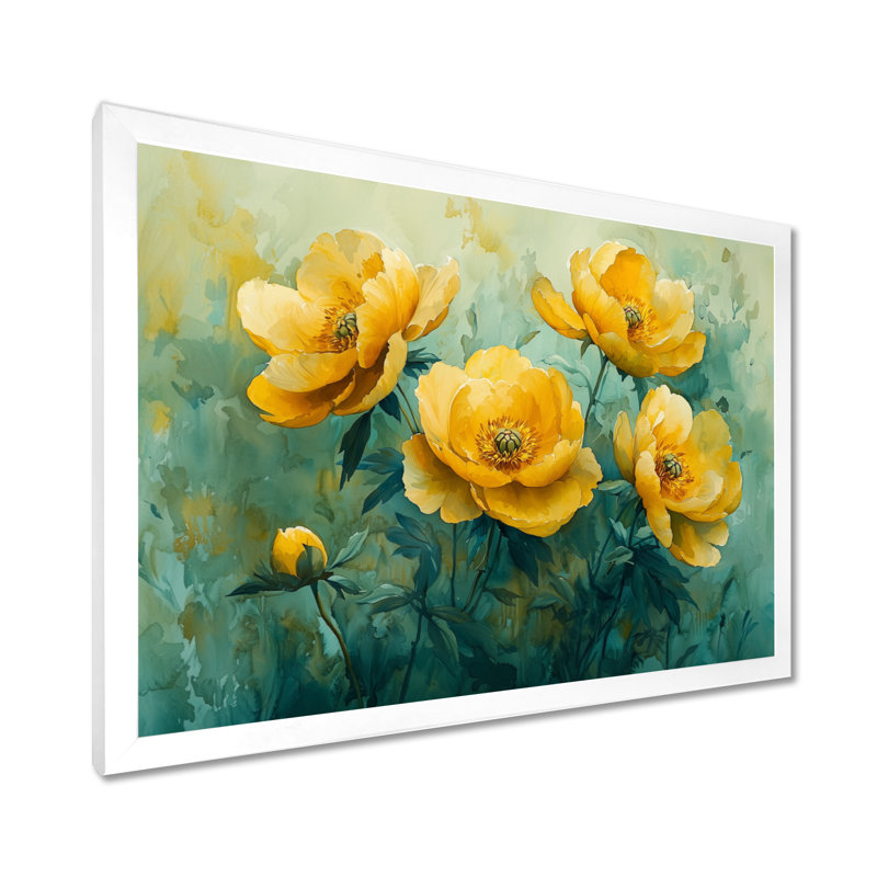 Art mural mural vert pivoines jaunes douces I - pivoines, H 30 po x l 40 po, Picture Framed, Blanc