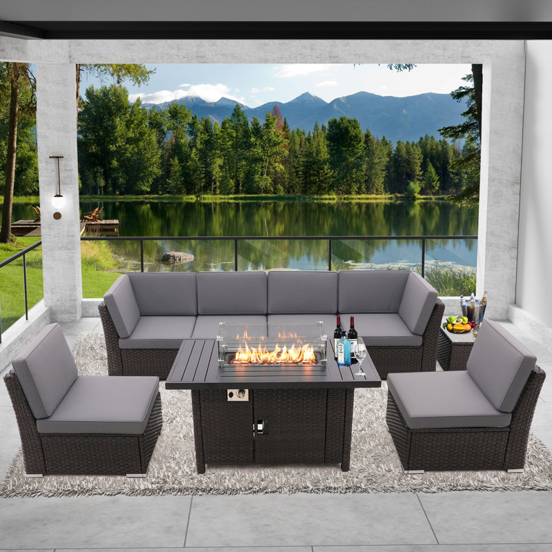 Ensemble de conversation modulaire en osier avec coussins 8 pièces OND3CF8, Taupe