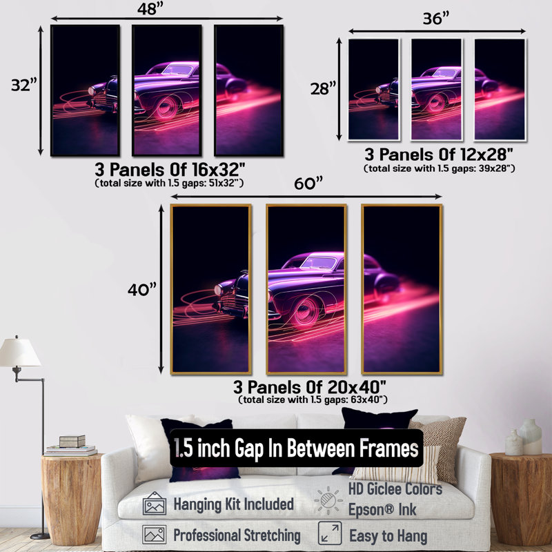 Ensemble de salon Neon Light American Muscle Car - American Muscle Car, H 28 po x l 36 po x P 1 po, Cadre flottant noir