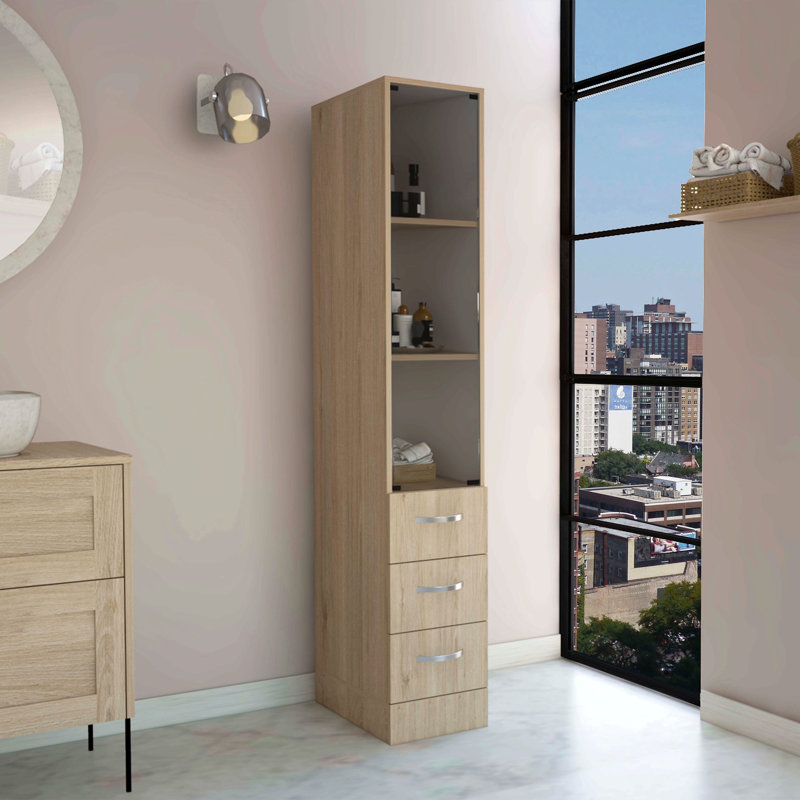 Linen Cabinet, Three Shelves, Four Drawers, Light Pine/White