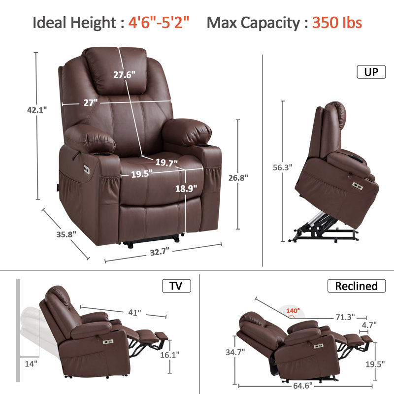 Caliah Small Power Lift Recliner Chair Sofa with Massage and Heat for Elderly, 3 Positions, 2 Side Pockets and Cup Holders, USB Ports, Faux Leather 7141