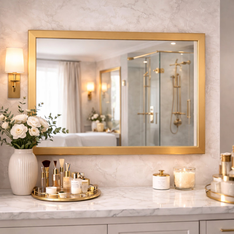 Modern Transitional Classic Gold Metal Stainless Steel Framed Beveled Wall Mirror, 39.75" x 30"