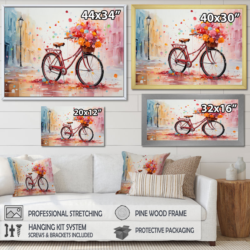 Vélo pédalant souvenirs - pointillisme mural, Cadre flottant doré, H 16 po x l 32 po x P 1 po