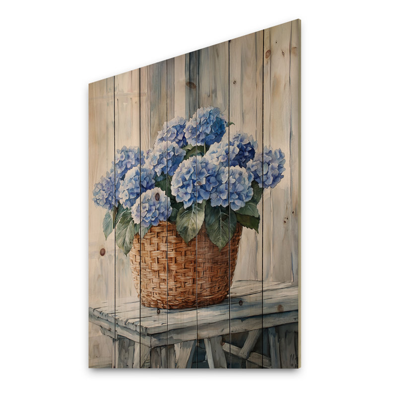 Hortensias dans un panier de ferme III - Art mural en bois d'hortensias - sur bois de pin naturel