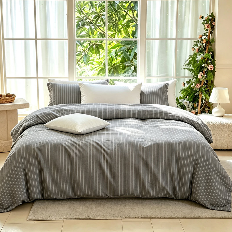 Ensemble de housse de couette rayé 100% coton lavé DONEUS, Grand lit, Dark Gray/White