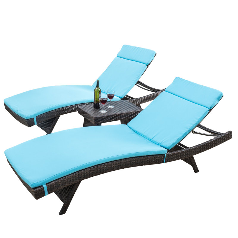 Frankel Outdoor Wicker Chaise Lounge Set with Table , Cushion Included, Blue