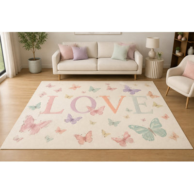 "Ultra Thin" 5' x 7' Pastel Butterfly LOVE Area Rug, Soft Low Pile Indoor Rug with Non-Slip Silicone Backing for Nursery, Kids Room, Playroom, Bedroom, Kids & Pets, Cream Pink Mint