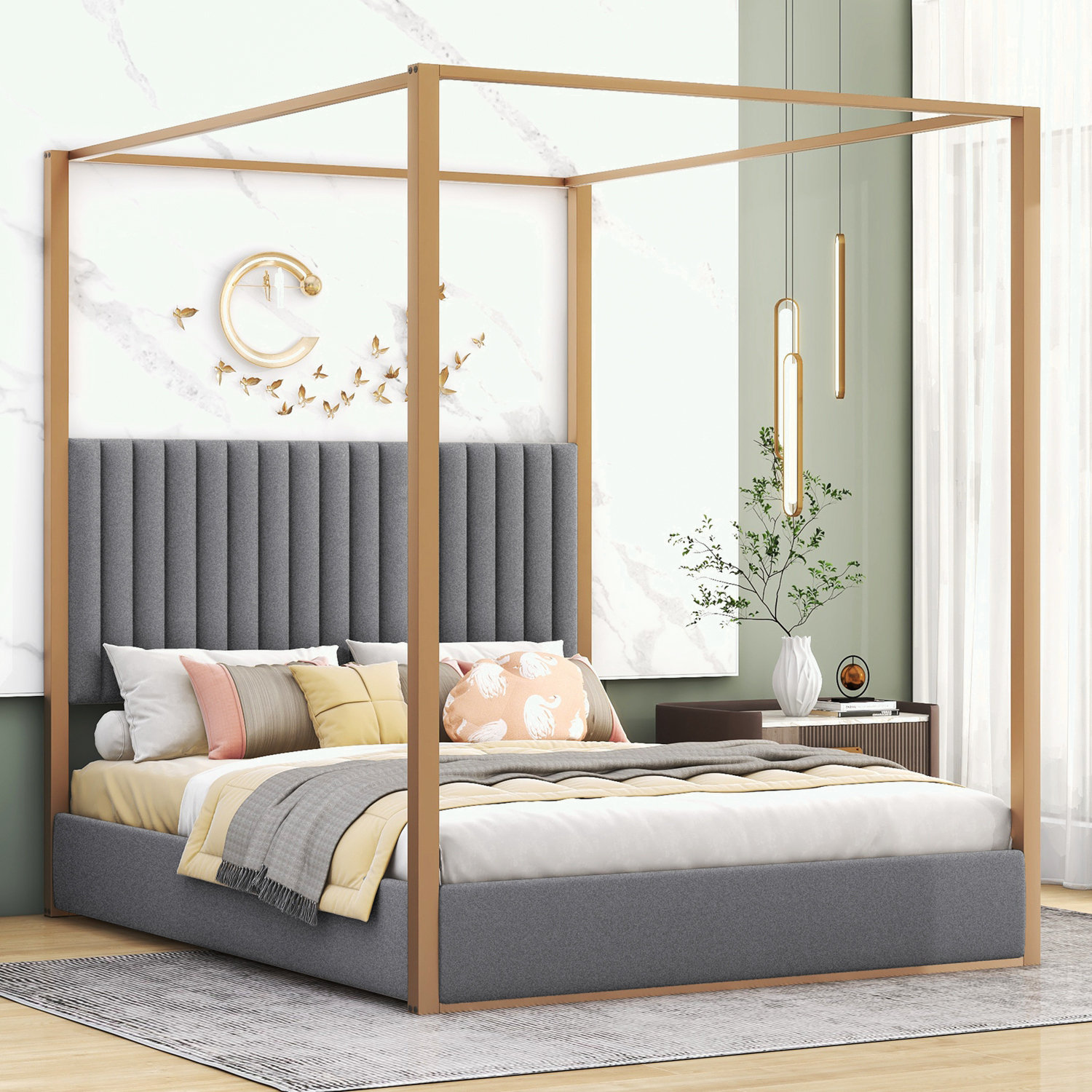 Upholstered canopy deals bed