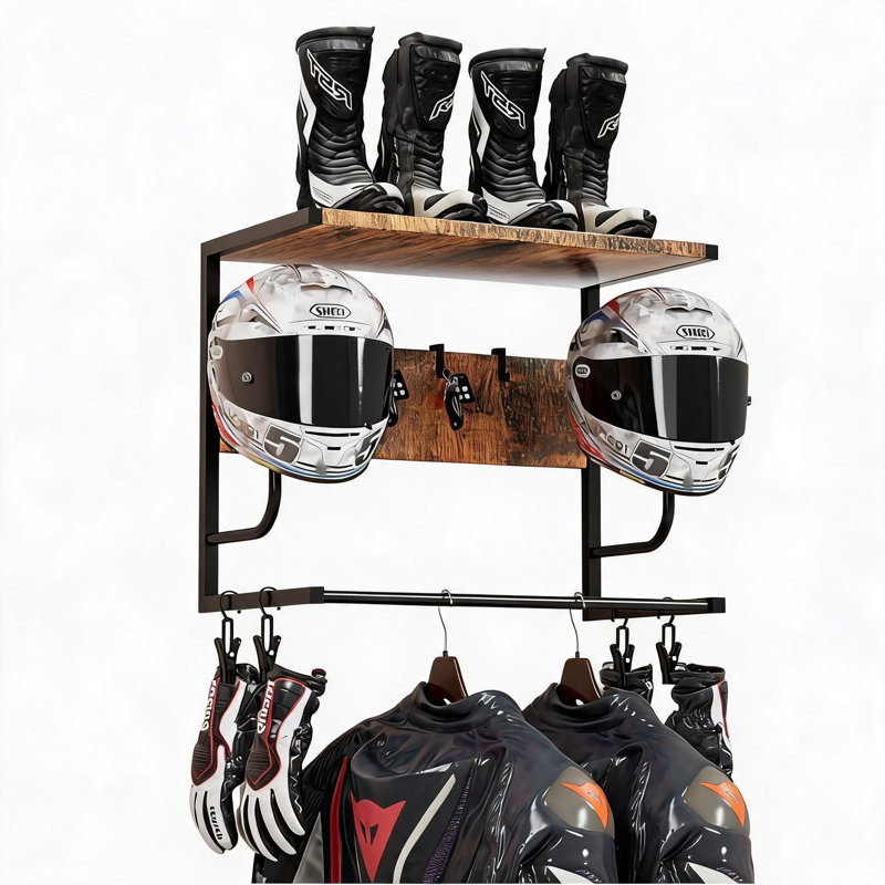 Wall-Mount Motorcycle Helmet Holder Rack - Wood & Metal Gear Organizer, 4 Helmet Hangers + 4 Hooks for Jackets/Accessories, Garage or Entryway - Color: Melamine Board