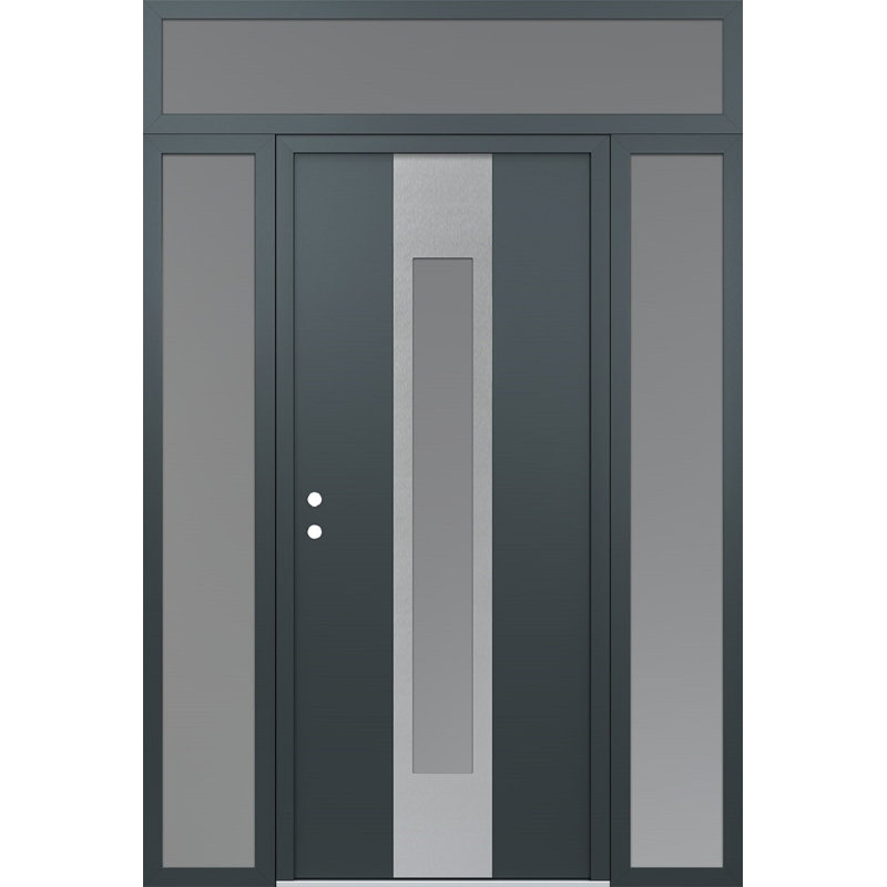 Porte d'entrée pré-suspendue en acier argenté à panneau avant gauche Diamond avec deux côtés et une traverse, Argent argent