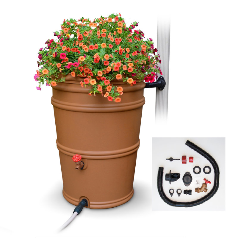 Terracotta 45 Gallon Plastic Rain Barrel with Diverter Kit