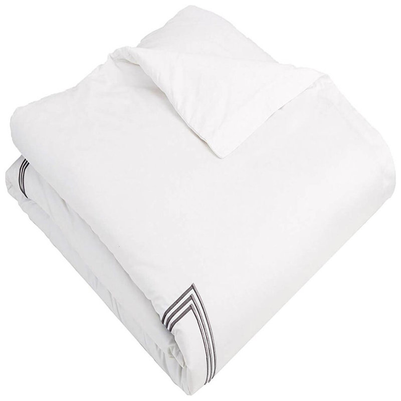 400TC Cotton Triple Embroidery Sateen Solid Duvet Cover Set, White/Light Grey., California King/King Duvet Cover
