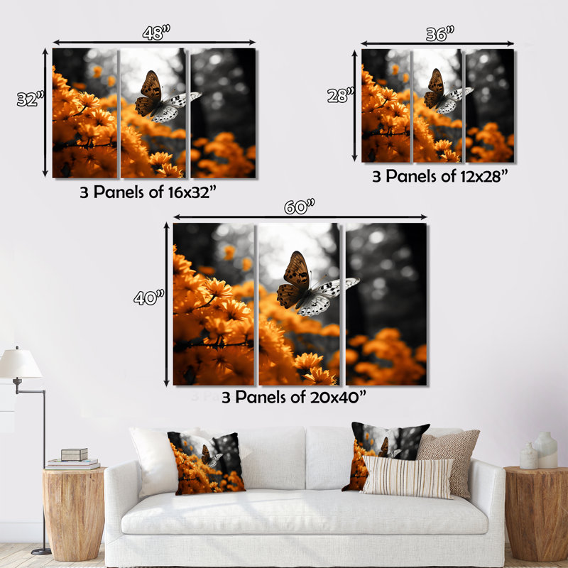 Papillon orange gris flottant grâce sur toile, 3 pièces, H 32 po x l 48 po x P 1 po