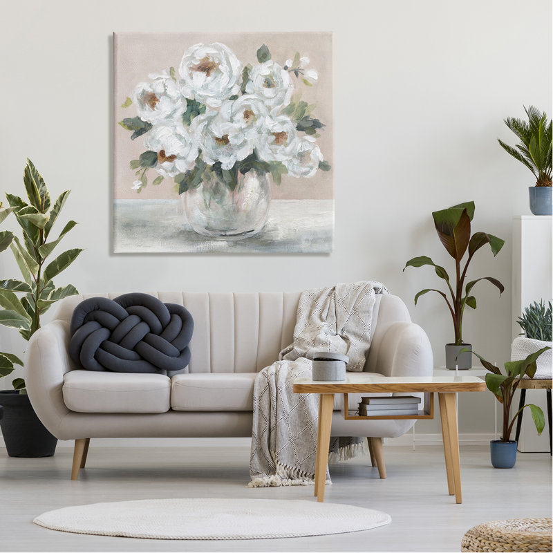 Au-671, toile pivoine blanche sur toile par Carol Robinson, peinture, H 36 po x l 36 po x P 1,5 po