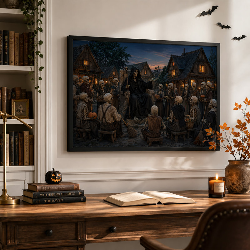 Roi squelette à capuchon s'adressant à un village rustique - Toile murale d'Halloween, 12"H x 18"W