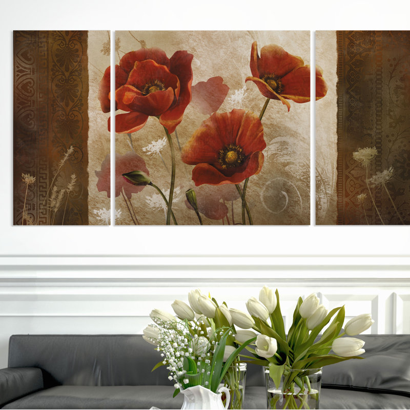 Matin coquelicot, ensemble de 3 impressions d’art graphique sur toile, H 24 po x l 48 po x P 1,5 po