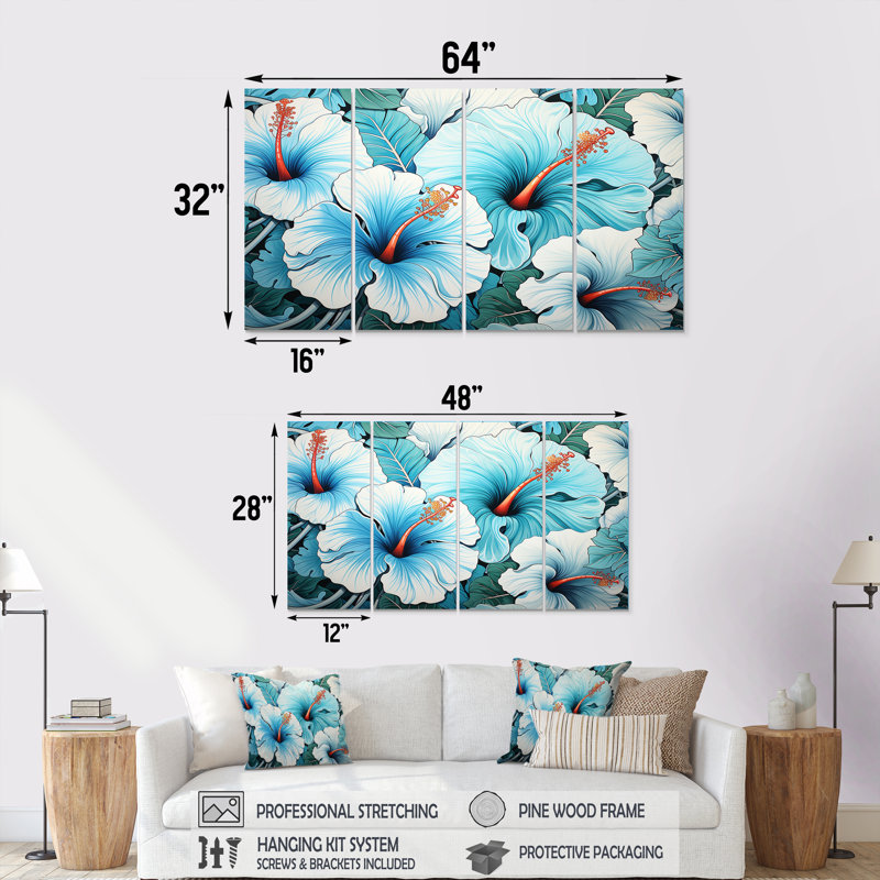 «Blue Glory Morning Glory Garden Symphony I - Morning Glory», ensemble d'art mural 4 pièces, H 32 po x l 64 po