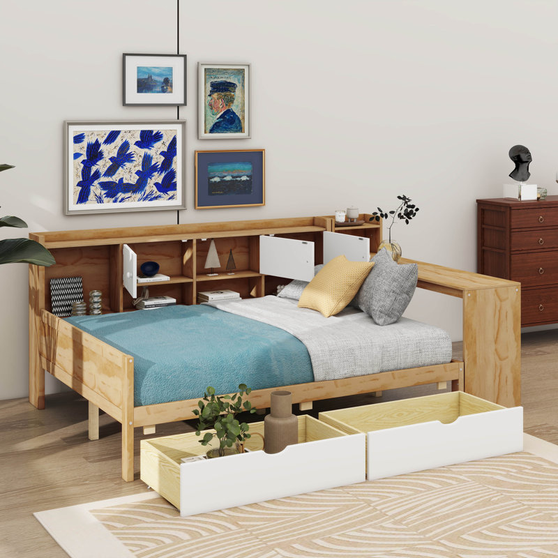 Lit de jour en L en bois avec sept armoires de rangement et deux tiroirs, un lit polyvalent avec une table d'étude intégrée