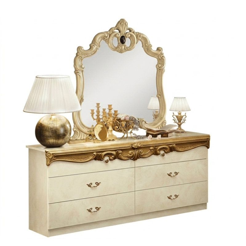 Commode double 4 tiroirs Rumsey, Ivoire/doré