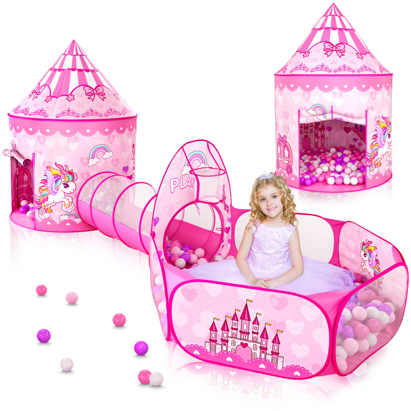 Ensemble de jeu de tente et de fosse à billes 3 en 1 Wilwolfer pour filles avec tunnel de rampement pour tout-petits, maisonnette rose Pop Up